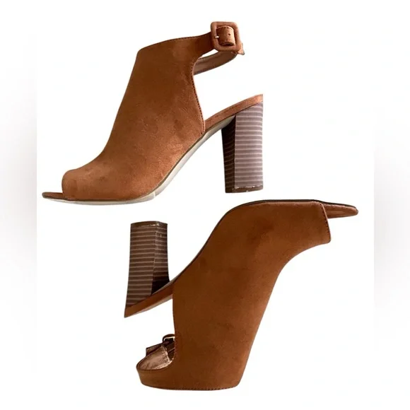 Madden Girl Beckkie Camel Brown Suede Peep Toe Heels Ankle Booties in Size 7.5 - Picture 4 of 9
